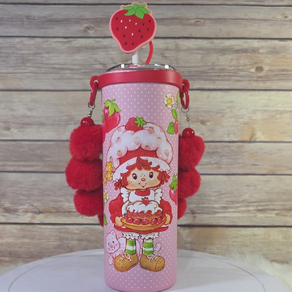 Strawberry Shortcake Pink Kids Water Bottle with Pom Pom Strap